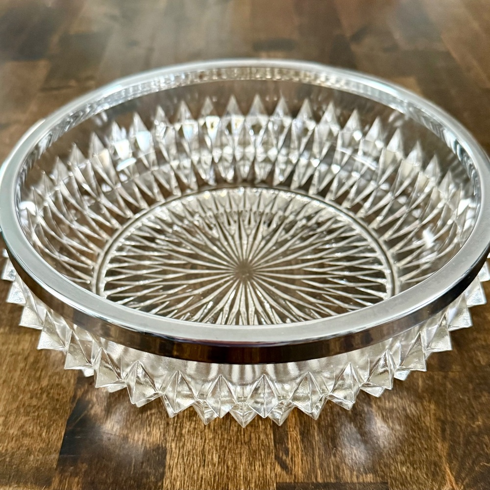 Vintage Crystal Serving Bowl, Silver Rim  England 8.75"  Hobnail Diamond Point